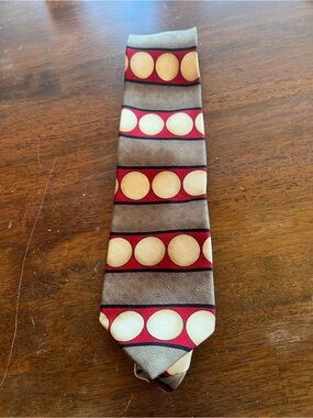 Men's Taupe Tie with Red Bands and Cream Polka Dots